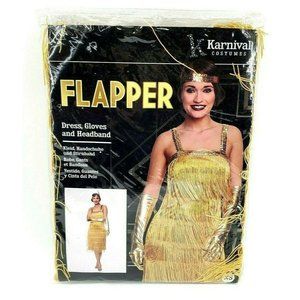 Karnival Roaring 20s Costume Gold Flapper Dress Gloves Headband Size XS